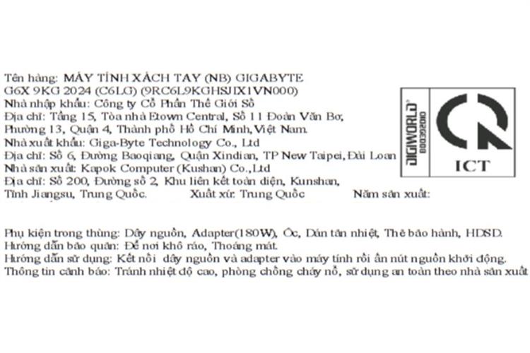 Laptop GIGABYTE Gaming G6X 9KG C6LG - 9RC6L9KGHSJIX1VN000 (i7 13650HX, 16GB, 1TB, RTX 4060 8GB, WUXGA 165Hz, Win11) Màu Đen