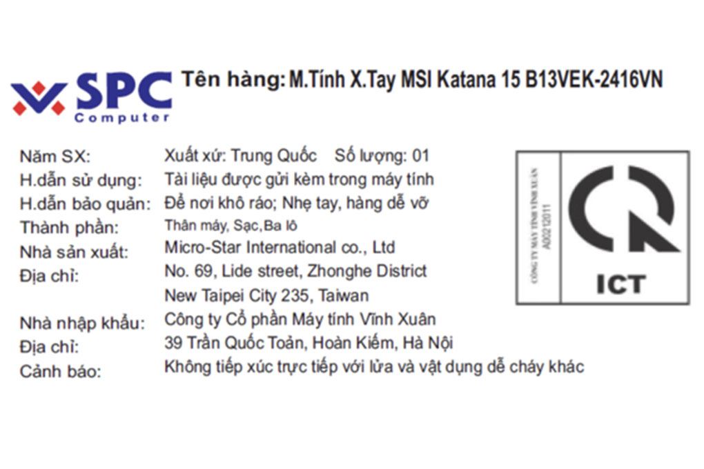 Laptop MSI Gaming Katana 15 B13VEK - 2416VN (i5 13420H, 16GB, 512GB, RTX 4050 6GB, Full HD 144Hz, Win11) - 6