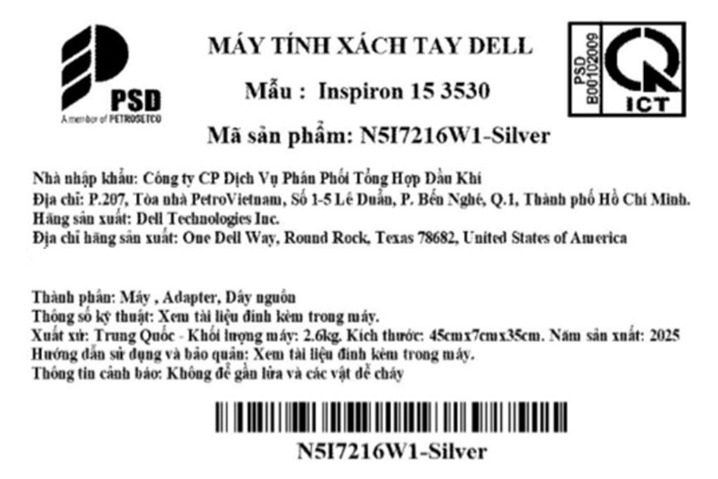Laptop Dell Inspiron 15 3530 - N5I7216W1 (i7 1355U, 16GB, 512GB, Full HD 120Hz, OfficeH24+365, Win11) Màu Bạc