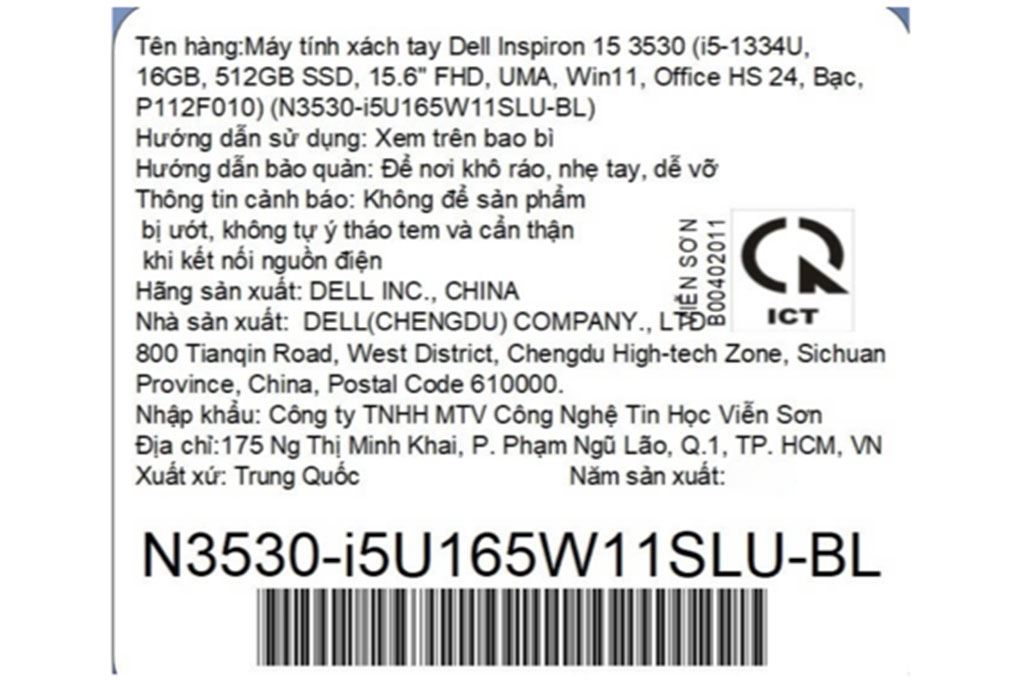 Laptop Dell Inspiron 15 3530 - N3530-i5U165W11SLU-BL (i5 1334U, 16GB, 512GB, Full HD 120Hz, OfficeH24+365, Win11) Màu Bạc