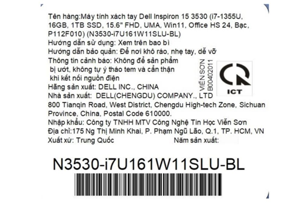 Laptop Dell Inspiron 15 3530 - N3530-i7U161W11SLU-BL (i7 1355U, 16GB, 1TB, Full HD 120Hz, OfficeH24+365, Win11) - 13