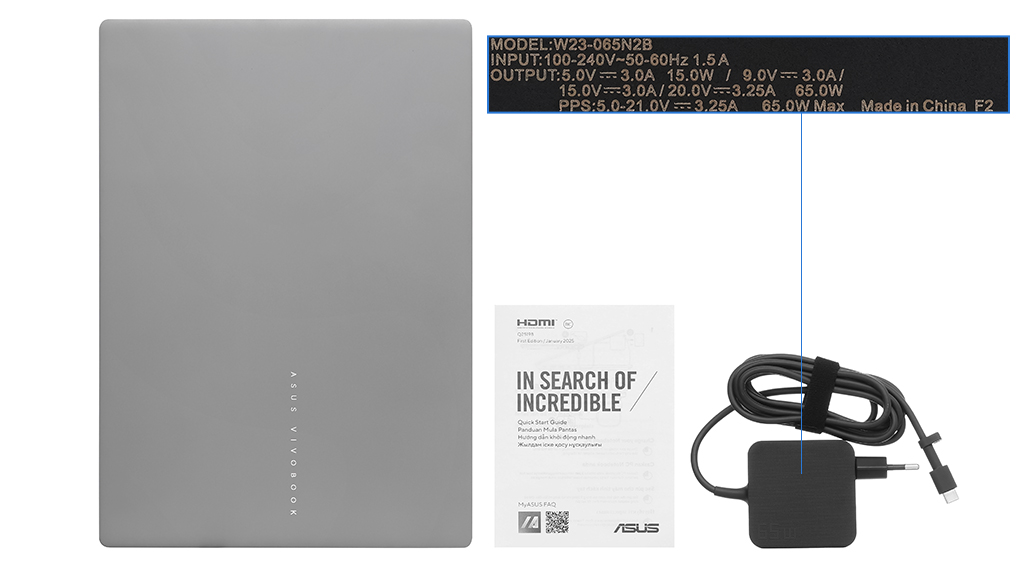 Bộ sản phẩm gồm: Sách hướng dẫn, Sạc Laptop Asus ( 65W USB-C ), Thùng máy