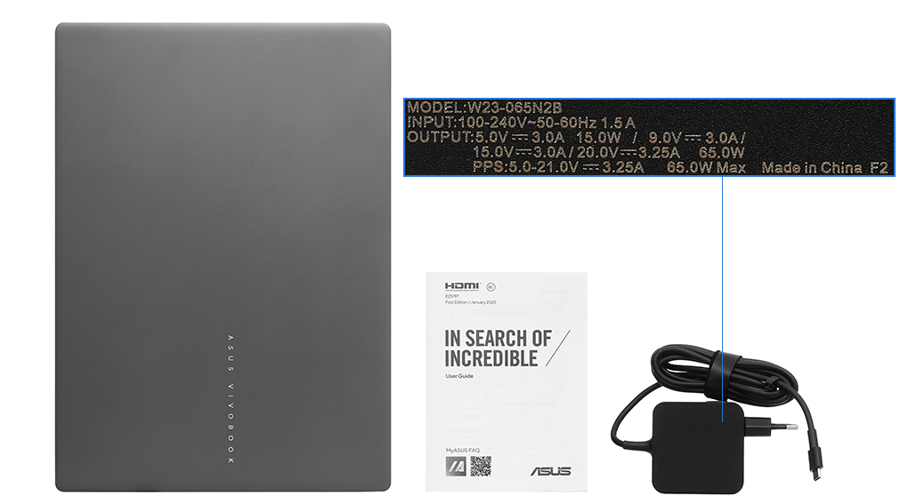 Bộ sản phẩm gồm: Sách hướng dẫn, Sạc Laptop Asus ( 65W USB-C ), Thùng máy