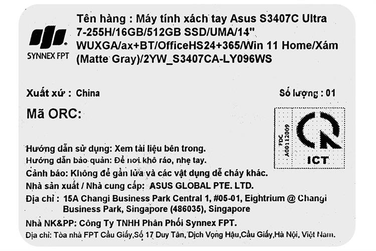 Laptop Asus Vivobook S14 S3407CA - LY096WS (Ultra 7 255H, 16GB, 512GB, WUXGA, OfficeH24+365, Win11) Màu Xám