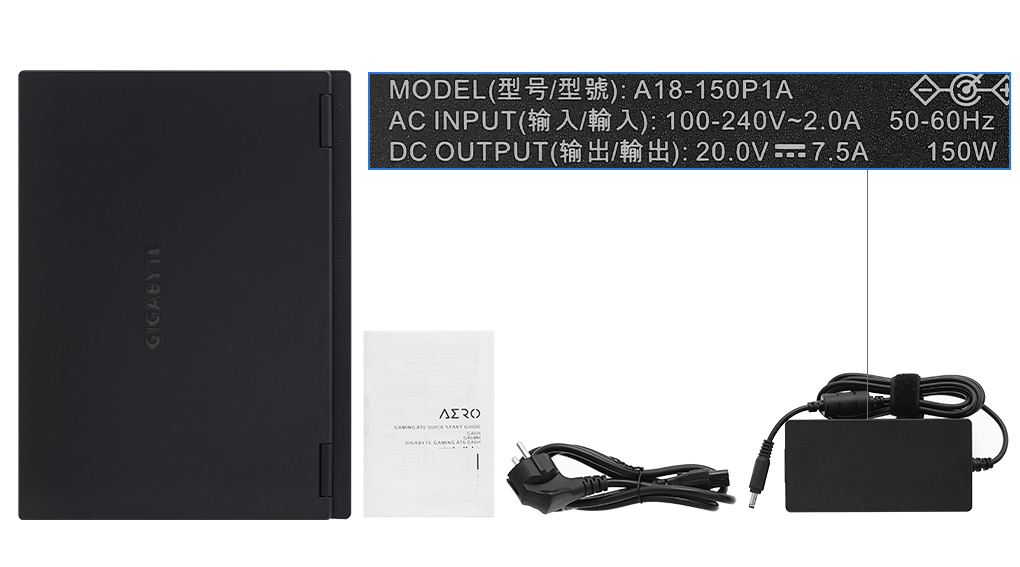 Bộ sản phẩm gồm: Sách hướng dẫn, Thùng máy, Sạc Laptop Gigabyte ( 150W )
