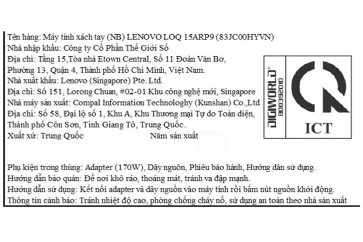 Laptop Lenovo Gaming LOQ 15ARP9 - 83JC00HYVN (R5 7235HS, 24GB, 512GB, RTX 3050 6GB, Full HD 144Hz, Win11) Màu Xám