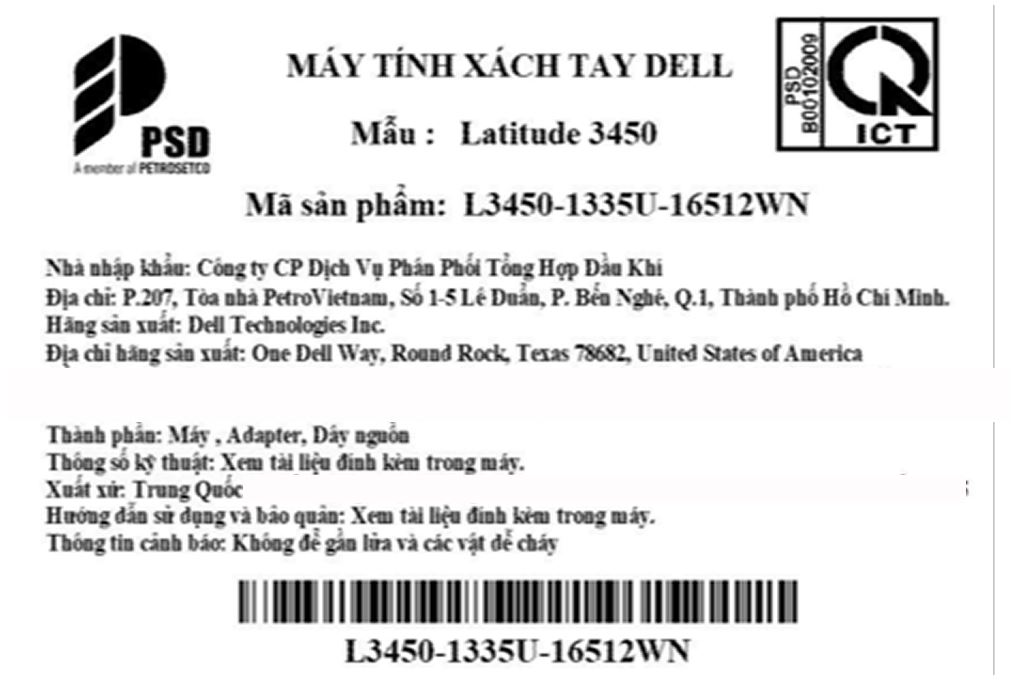 Laptop Dell Latitude 3450 - L3450-1335U-16512WN (i5 1335U, 16GB, 512GB, Full HD, Win11) Màu Đen