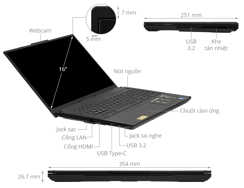 Asus TUF Gaming F16 FX607VJ - RL034W (Core 5 210H, 16GB, 512GB, RTX 3050 6GB, Full HD+ 144Hz, Win11)