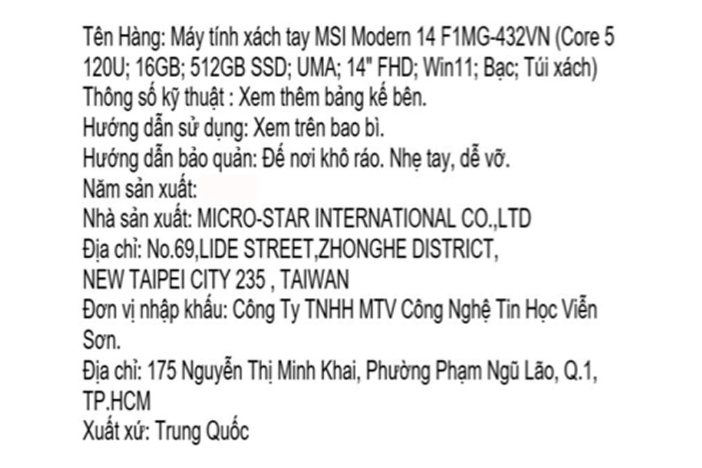 Laptop MSI Modern 14 F1MG - 432VN (Core 5 120U, 16GB, 512GB, Full HD, Win11) Màu Bạc