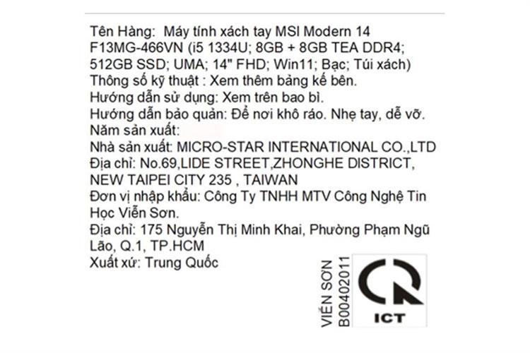 Laptop MSI Modern 14 F13MG - 466VN (i5 1334U, 16GB, 512GB, Full HD, Win11) Màu Bạc