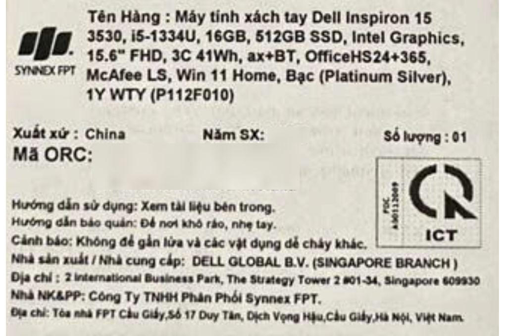 Laptop Dell Inspiron 15 3530 - 71070372 (i5 1334U, 16GB, 512GB, Full HD 120Hz, OfficeH24+365, Win11) Màu Bạc