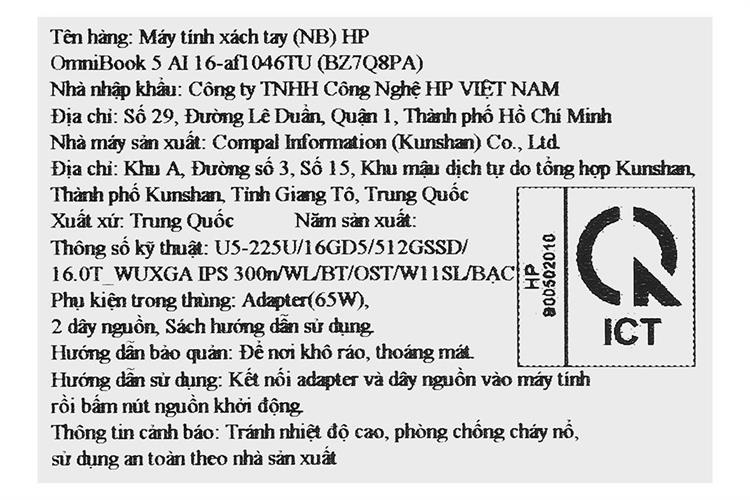 Laptop HP OmniBook 5 AI 16 af1046TU - BZ7Q8PA (Ultra 5 225U, 16GB, 512GB, WUXGA, Cảm ứng, OfficeH24, Win11) Màu Bạc