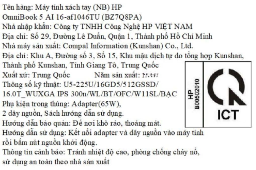 Laptop HP OmniBook 5 AI 16 af1046TU - BZ7Q8PA (Ultra 5 225U, 16GB, 512GB, WUXGA, Cảm ứng, OfficeH24, Win11) Màu Bạc