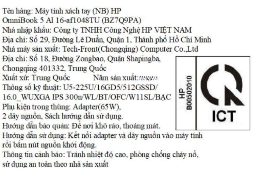 Laptop HP OmniBook 5 AI 16 af1048TU - BZ7Q9PA (Ultra 5 225U, 16GB, 512GB, WUXGA, OfficeH24, Win11) Màu Bạc
