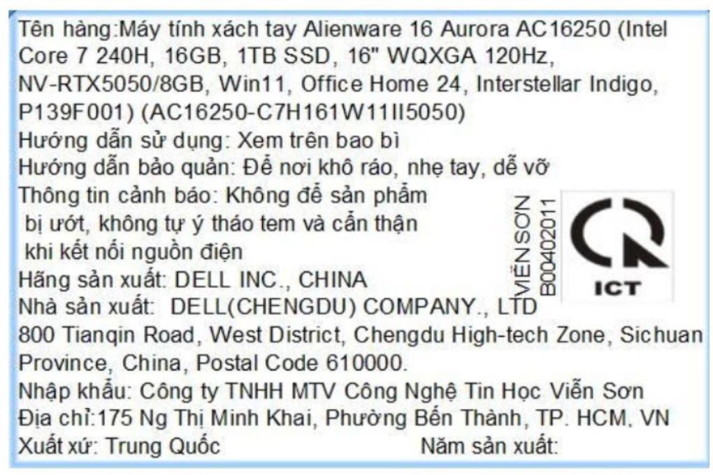 Laptop Dell Gaming Alienware 16 Aurora AC16250 - C7H161W11II5050 (Core 7 240H, 16GB, 1TB, RTX 5050 8GB, WQXGA 120Hz, OfficeH24+365, Win11) - 14