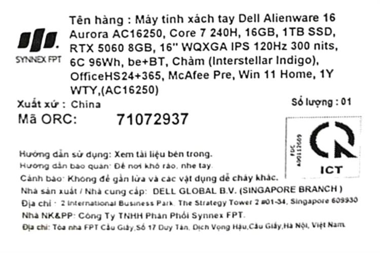 Laptop Dell Gaming Alienware 16 Aurora AC16250 - 71072937 (Core 7 240H, 16GB, 1TB, RTX 5060 8GB, WQXGA 120Hz, OfficeH24+365, Win11) Màu Xanh Dương
