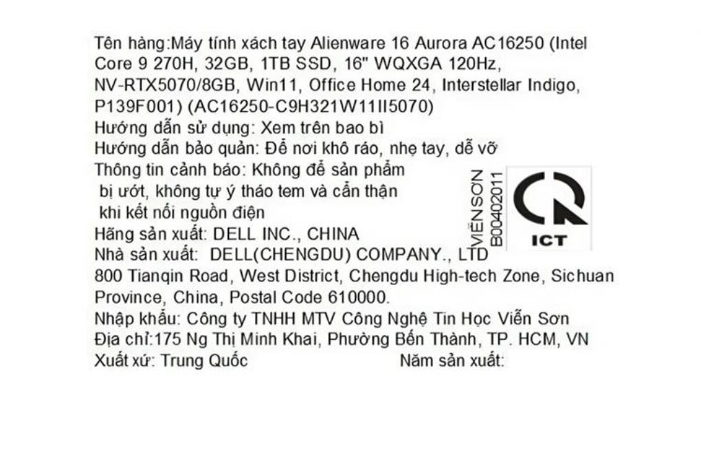 Laptop Dell Gaming Alienware 16 Aurora AC16250 - C9H321W11II5070 (Core 9 270H, 32GB, 1TB, RTX 5070 8GB, WQXGA 120Hz, OfficeH24+365, Win11) - 14