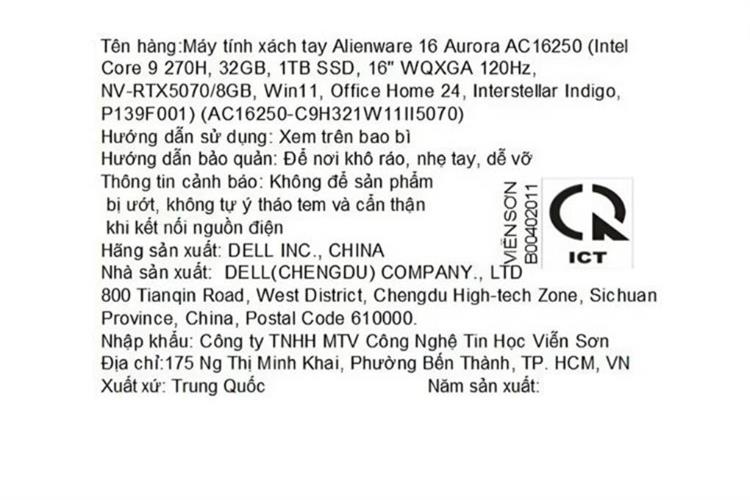 Laptop Dell Gaming Alienware 16 Aurora AC16250 - C9H321W11II5070 (Core 9 270H, 32GB, 1TB, RTX 5070 8GB, WQXGA 120Hz, OfficeH24+365, Win11)