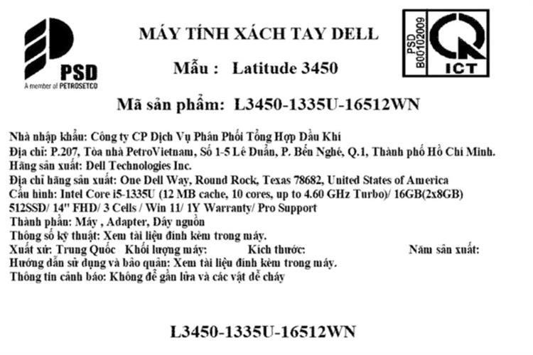 Laptop Dell Latitude 3450 - L3450-1335U-16512WN-FR (i5 1335U, 16GB, 512GB, Full HD, Win11) Màu Đen