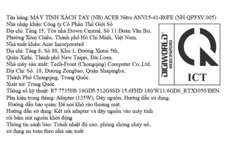 Laptop Acer Gaming Nitro V 15 ProPanel ANV15 41 R0FE - NH.QPFSV.005 (R7 7735HS, 16GB, 512GB, RTX 3050 6GB, Full HD 180Hz, Win11) Màu Đen