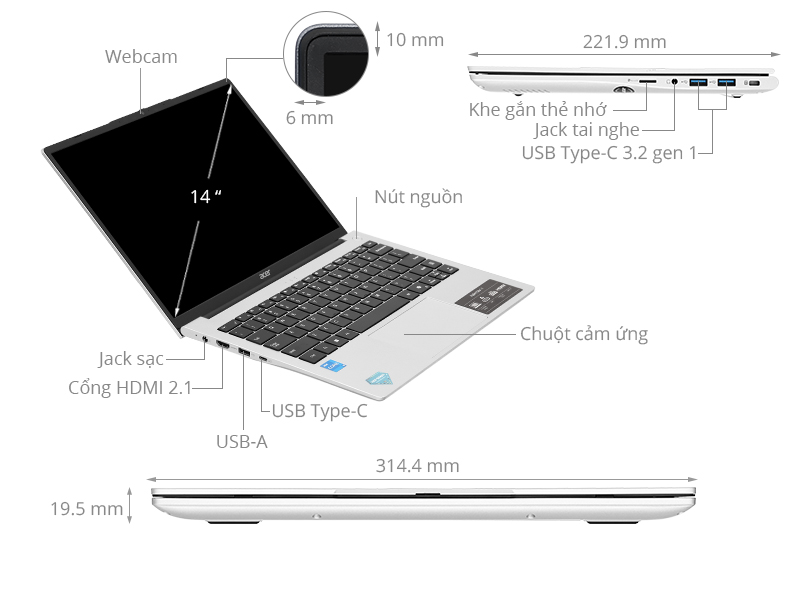 Acer Aspire Lite 14 AL14 71M 52GQ - NX.J4ASV.001 (i5 12500H, 16GB, 512GB, Full HD+, Win11)