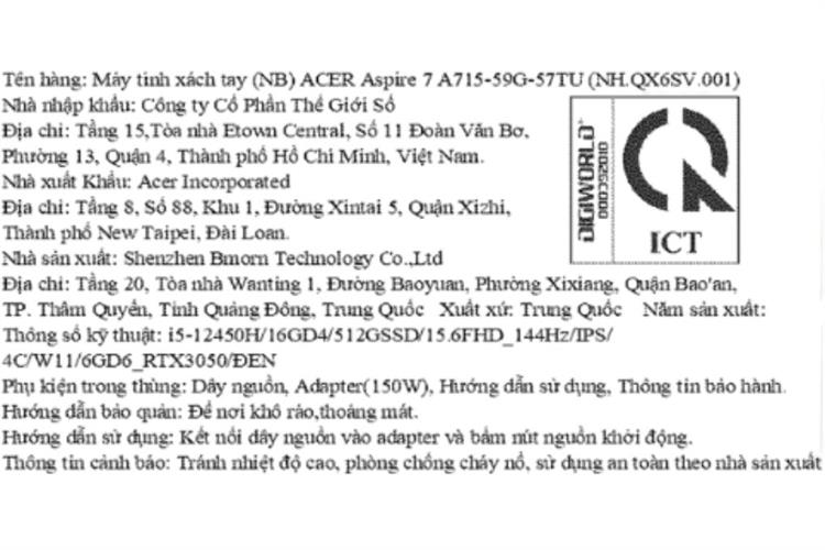 Laptop Acer Gaming Aspire 7 A715 59G 57TU - NH.QX6SV.001 (i5 12450H, 16GB, 512GB, RTX 3050 6GB, Full HD 144Hz, Win11) Màu Đen