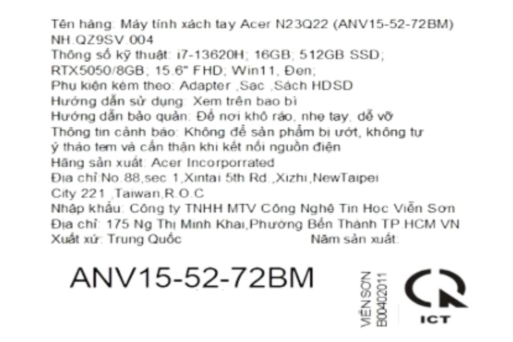 Laptop Acer Gaming Nitro ProPanel ANV15 52 72BM - NH.QZ9SV.004 (i7 13620H, 16GB, 512GB, RTX5050 8GB, Full HD 180Hz, Win11) Màu Đen