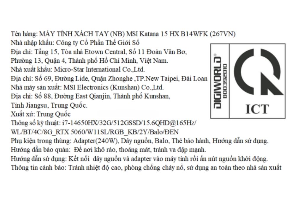 Laptop MSI Gaming Katana 15 HX B14WFK - 267VN (i7 14650HX, 32GB, 512GB, RTX 5060 8GB, QHD 165Hz, Win11) Màu Đen