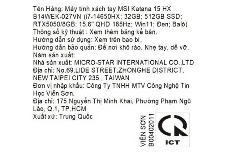 Laptop MSI Gaming Katana 15 HX B14WEK - 027VN (i7 14650HX, 32GB, 512GB, RTX5050 8GB, QHD 165Hz, Win11) Màu Đen