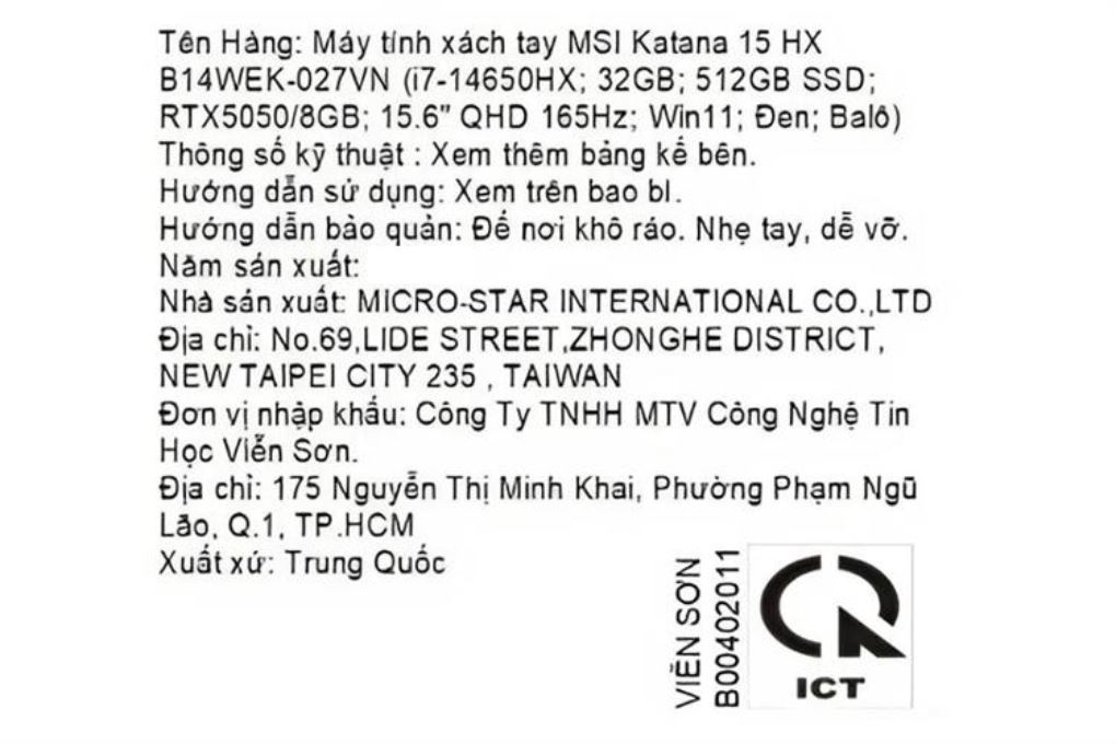Laptop MSI Gaming Katana 15 HX B14WEK - 027VN (i7 14650HX, 32GB, 512GB, RTX5050 8GB, QHD 165Hz, Win11) Màu Đen