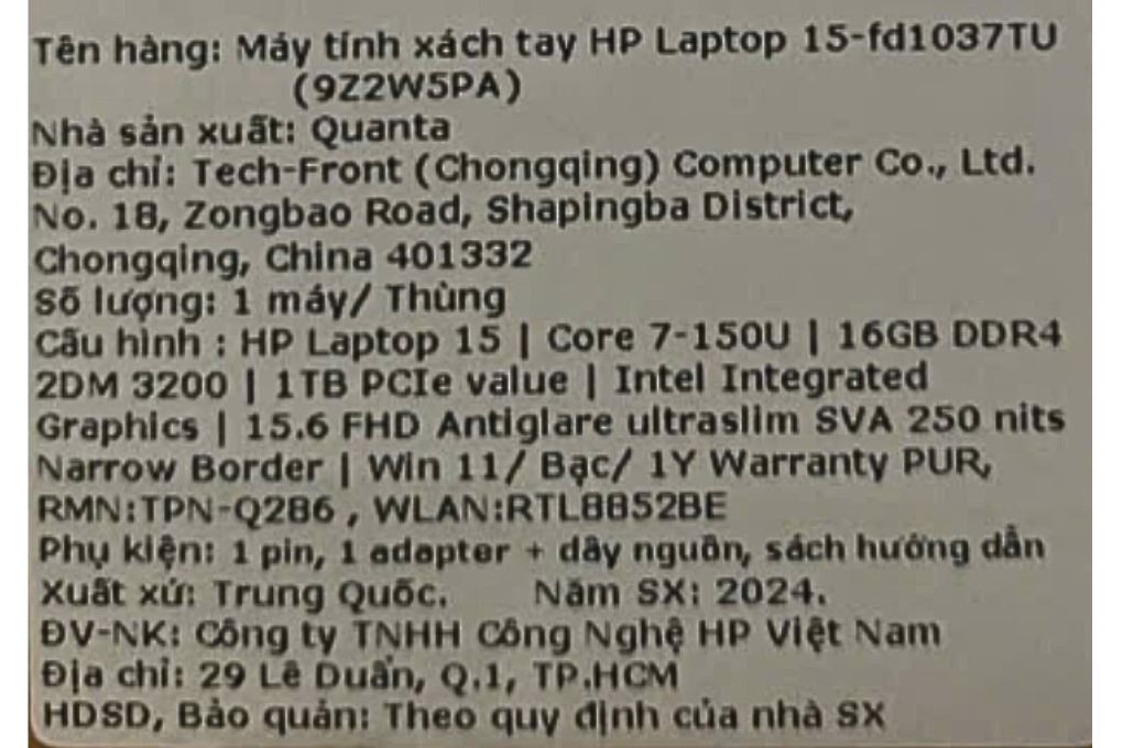 Laptop HP 15 fd1037TU - 9Z2W5PA (Core 7 150U, 16GB, 1TB, Full HD, Win11) Màu Bạc
