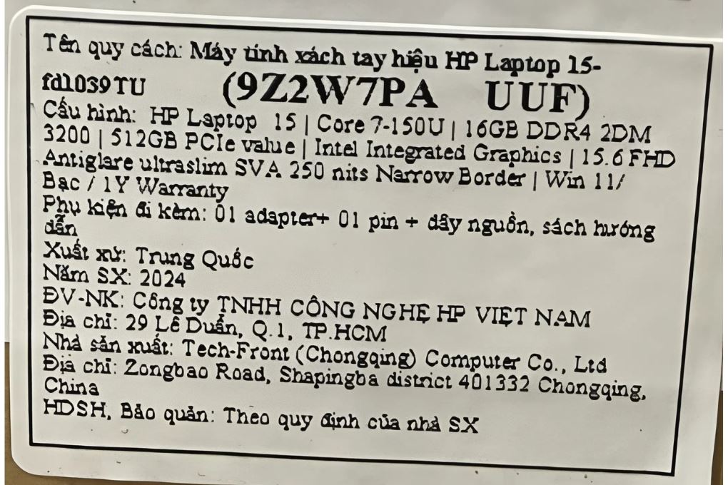 Laptop HP 15 fd1039TU - 9Z2W7PA (Core 7 150U, 16GB, 512GB, Full HD, Win11) Màu Bạc