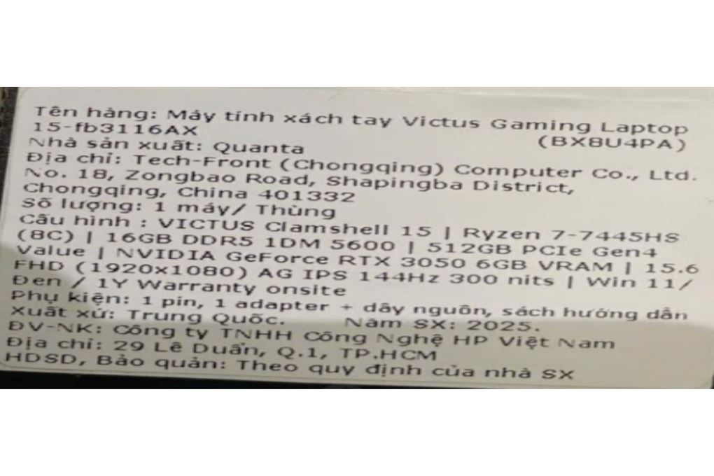 Laptop HP Gaming VICTUS 15 fb3116AX - BX8U4PA (R7 7445HS, 16GB, 512GB, RTX3050 6GB, Full HD 144Hz, Win11) Màu Đen