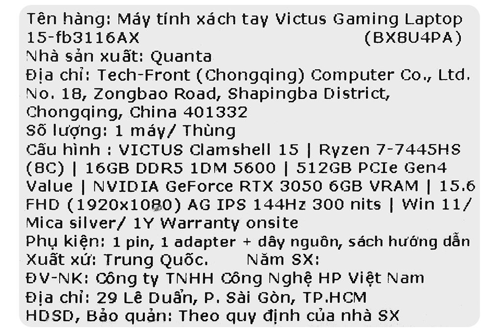 Laptop HP Gaming VICTUS 15 fb3116AX - BX8U4PA (R7 7445HS, 16GB, 512GB, RTX3050 6GB, Full HD 144Hz, Win11) Màu Đen
