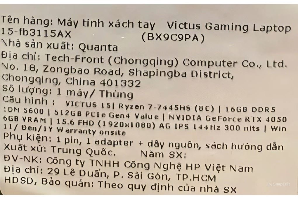 Laptop HP Gaming VICTUS 15 fb3115AX - BX9C9PA (R7 7445HS, 16GB, 512GB, RTX4050 6GB, Full HD 144Hz, Win11) - 15