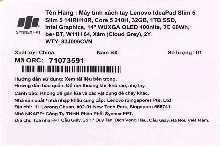 Laptop Lenovo IdeaPad Slim 5 OLED 14IRH10R - 83J0006CVN (Core 5 210H, 32GB, 1TB, WUXGA OLED, Win11) Màu Xám