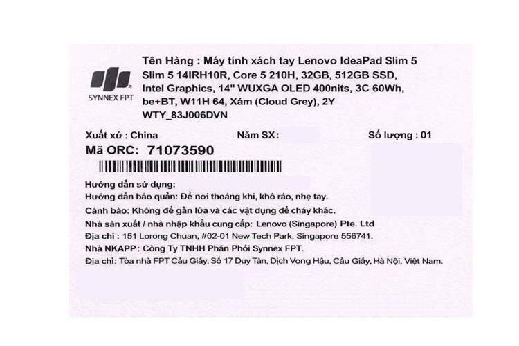 Laptop Lenovo IdeaPad Slim 5 OLED 14IRH10R - 83J0006DVN (Core 5 210H, 32GB, 512GB, WUXGA OLED, OfficeH24+365, Win11) Màu Xám