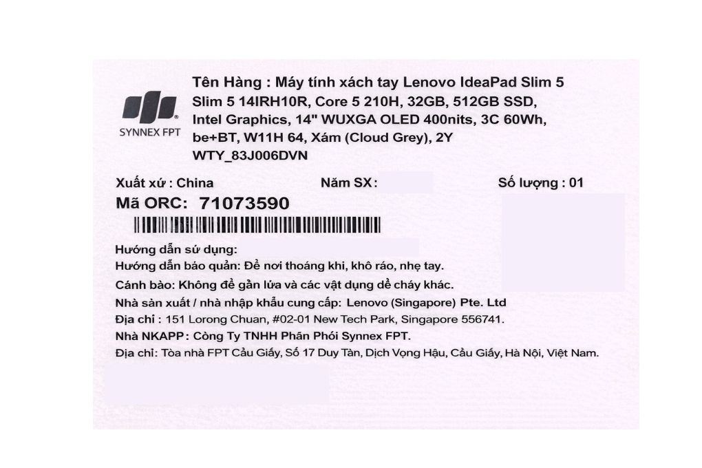 Laptop Lenovo IdeaPad Slim 5 OLED 14IRH10R - 83J0006DVN (Core 5 210H, 32GB, 512GB, WUXGA OLED, OfficeH24+365, Win11) Màu Xám
