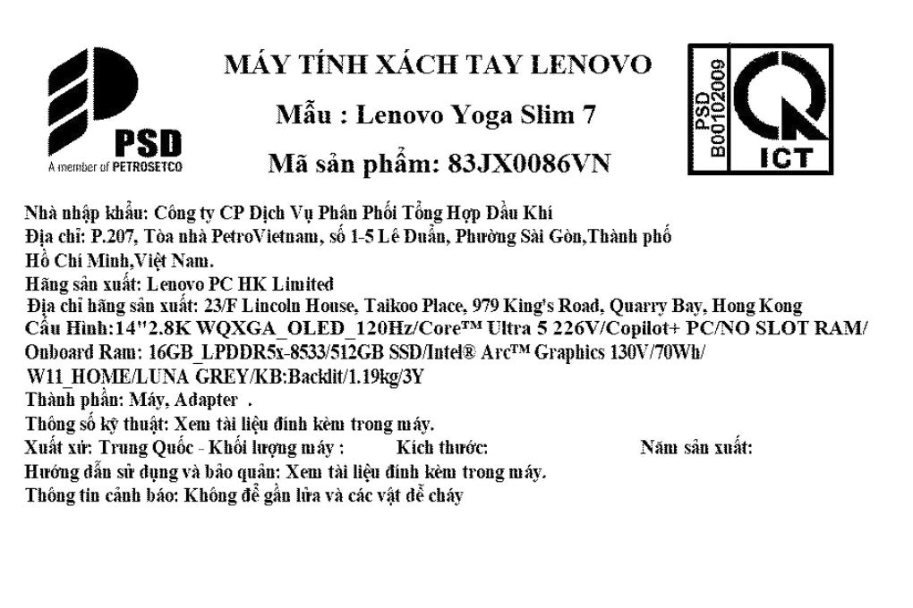 Laptop Lenovo Yoga Slim 7 OLED 14ILL10 - 83JX0086VN (Ultra 5 226V, 16GB, 512GB, 2.8K OLED 120Hz, OfficeH24, Win11) Màu Xám