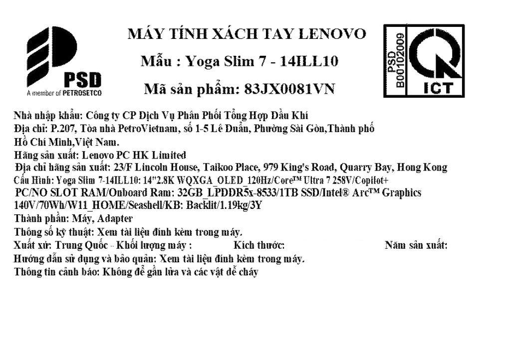 Laptop Lenovo Yoga Slim 7 OLED 14ILL10 - 83JX0081VN (Ultra 7 258V, 32GB, 1TB, 2.8K OLED 120Hz, OfficeH24, Win11) Màu Bạc