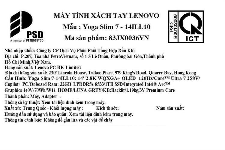 Laptop Lenovo Yoga Slim 7 OLED 14ILL10 - 83JX0036VN (Ultra 7 258V, 32GB, 1TB, 2.8K OLED 120Hz, OfficeH24, Win11) Màu Xám