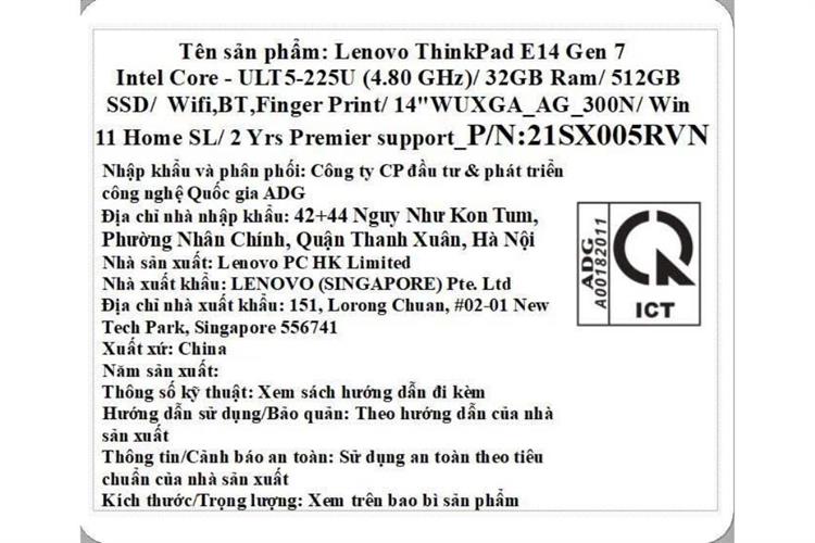 Laptop Lenovo ThinkPad E14 Gen 7 - 21SX005RVN (Ultra 5 225U, 32GB, 512GB, WUXGA, Win11) Màu Đen