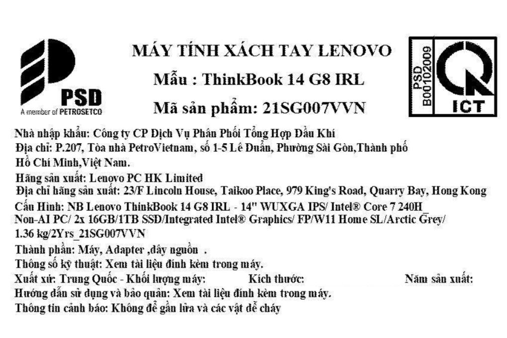 Laptop Lenovo ThinkBook 14 - 21SG007VVN (Core 7 240H, 32GB, 1TB, WUXGA, Win11) Màu Xám