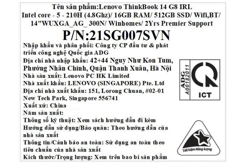 Laptop Lenovo ThinkBook 14 G8 - 21SG007SVN (Core 5 210H, 16GB, 512GB, WUXGA, Win11) Màu Xám