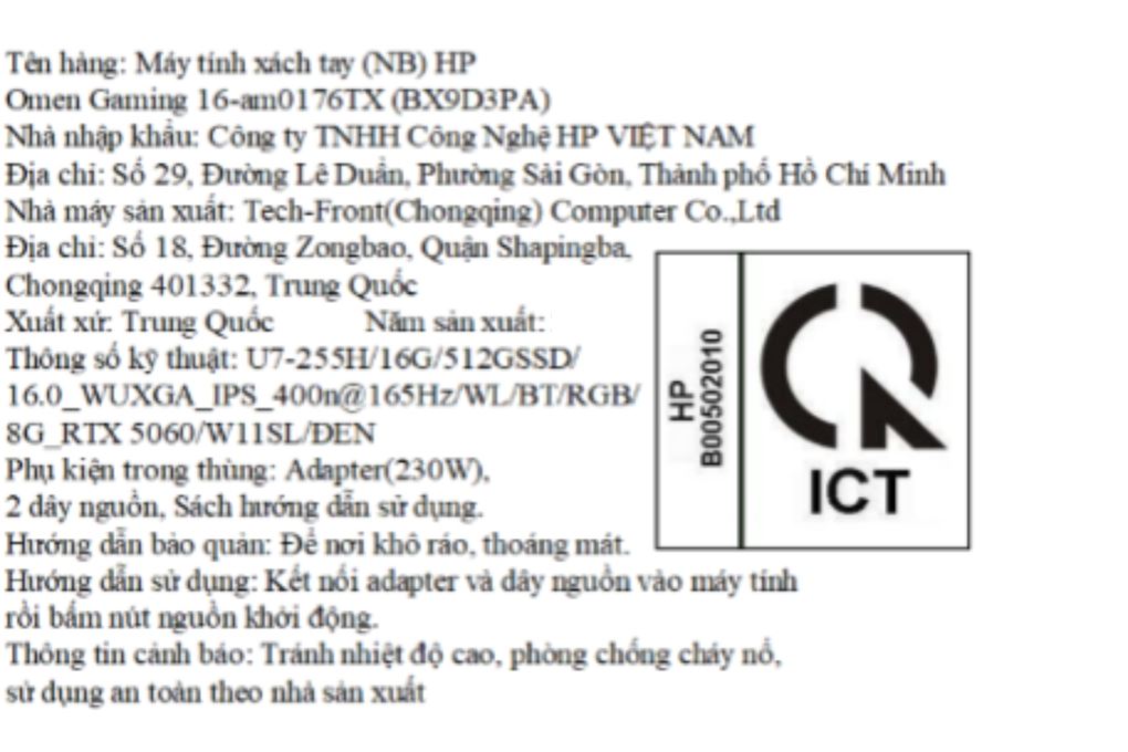 Laptop HP Gaming OMEN 16 am0176TX - BX9D3PA (Ultra 7 255H, 16GB, 512GB, RTX 5060 8GB, WUXGA 165Hz, Win11) Màu Đen