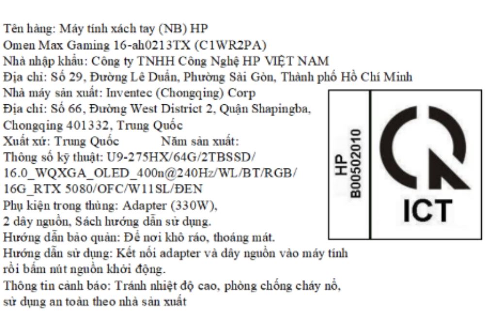 Laptop HP Gaming OMEN Max 16 ah0213TX - C1WR2PA (Ultra 9 275HX, 64GB, 2TB, RTX 5080 16GB, WQXGA OLED 240Hz, OfficeH24, Win11) Màu Đen