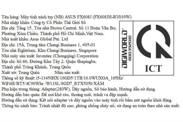 Laptop Asus TUF Gaming FX608JH - RV039W (i5 13450HX, 16GB, 1TB, RTX 5050 8GB, WUXGA 165Hz, Win11) Màu Xám