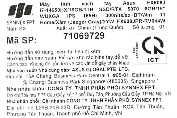 Laptop Asus TUF Gaming FX608JPR - RV044W (i7 14650HX, 16GB, 1TB, RTX 5070 8GB, WUXGA 165Hz, Win11) Màu Xám