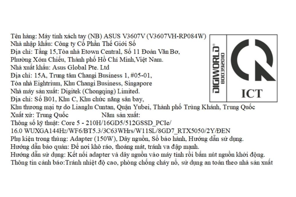 Laptop Asus Gaming V16 V3607VH - RP084W (Core 5 210H, 16GB, 512GB, RTX 5050 8GB, WUXGA 144Hz, Win11) Màu Đen