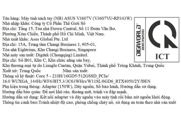 Laptop Asus Gaming V16 V3607VU - RP343W (Core 5 210H, 16GB, 512GB, RTX 4050 6GB, WUXGA 144Hz, Win11) Màu Đen